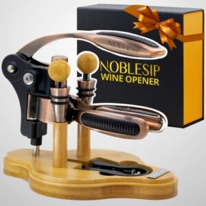 wine opener set with wooden stand “noblesip” [2023 upgraded] 6 pcs kit: foil cutter, 2 bottle stoppers, extra corkscrew, base & designer gift box. connoisseur choice, easily removes all corks (bronze)