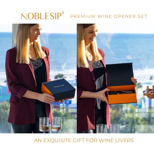 Wine Opener Set with Wooden Stand "NOBLESIP" [2023 Upgraded] 6 Pcs Kit: Foil Cutter, 2 Bottle Stoppers, Extra Corkscrew, Base & Designer Gift Box. Connoisseur Choice, Easily Removes all Corks (Bronze)