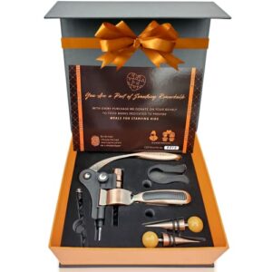 Wine Opener Set with Wooden Stand "NOBLESIP" [2023 Upgraded] 6 Pcs Kit: Foil Cutter, 2 Bottle Stoppers, Extra Corkscrew, Base & Designer Gift Box. Connoisseur Choice, Easily Removes all Corks (Bronze)