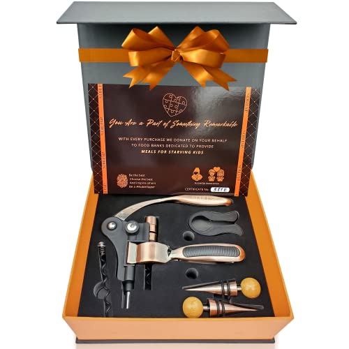 Wine Opener Set with Wooden Stand "NOBLESIP" [2023 Upgraded] 6 Pcs Kit: Foil Cutter, 2 Bottle Stoppers, Extra Corkscrew, Base & Designer Gift Box. Connoisseur Choice, Easily Removes all Corks (Bronze)