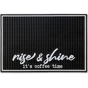 new mungo coffee bar mat – coffee bar accessories for coffee station, coffee accessories, coffee bar decor, coffee decor – rise & shine it’s coffee time coffee mat – rubber bar mats – 18”x12”