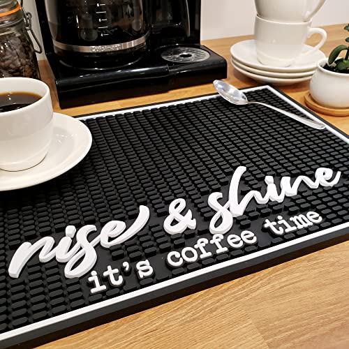 New Mungo Coffee Bar Mat - Coffee Bar Accessories for Coffee Station, Coffee Accessories, Coffee Bar Decor, Coffee Decor - Rise & Shine It's Coffee Time Coffee Mat - Rubber Bar Mats - 18”x12”