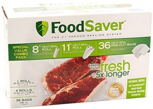 foodsaver b005siqkr6 special value vacuum seal combo pack 1-8″ 4-11″ rolls 36 pre-cut bags, 1pack, clear