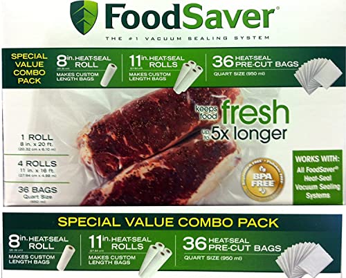 FoodSaver B005SIQKR6 Special Value Vacuum Seal Combo Pack 1-8" 4-11" Rolls 36 Pre-Cut Bags, 1Pack, Clear