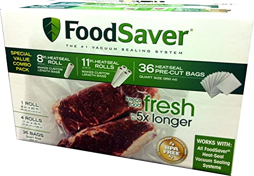 FoodSaver B005SIQKR6 Special Value Vacuum Seal Combo Pack 1-8" 4-11" Rolls 36 Pre-Cut Bags, 1Pack, Clear