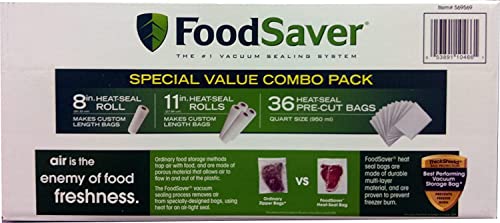 FoodSaver B005SIQKR6 Special Value Vacuum Seal Combo Pack 1-8" 4-11" Rolls 36 Pre-Cut Bags, 1Pack, Clear