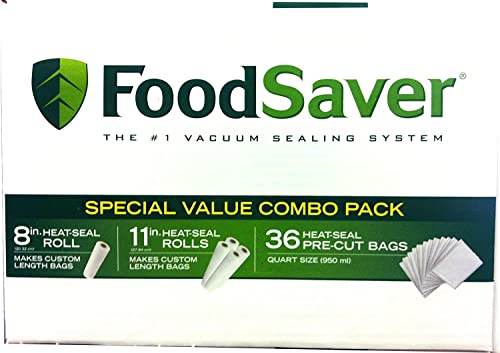 FoodSaver B005SIQKR6 Special Value Vacuum Seal Combo Pack 1-8" 4-11" Rolls 36 Pre-Cut Bags, 1Pack, Clear