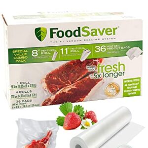 FoodSaver B005SIQKR6 Special Value Vacuum Seal Combo Pack 1-8" 4-11" Rolls 36 Pre-Cut Bags, 1Pack, Clear