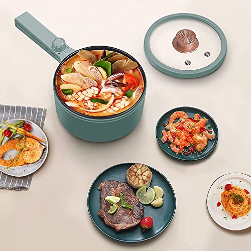 Hytric Electric Hot Pot, 1.5L Portable Nonstick Frying Pan for Sauté, Multifunction Electric Skillet for Stir Fry, Roast, Ramen Cooker with Dual Power Control for Dorm, Electric Saucepan, Green