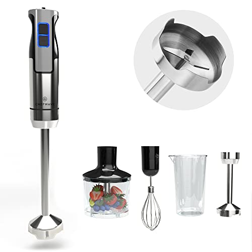 ChefWave Intermix Immersion Blender Handheld, 500W 5-in-1 Multi-Purpose Hand Blender, 9-Speed Stick Blender, 20oz Beaker, 20oz Chopper, Egg Whisk, 6.3in & 8.5in Immersion Wands, Black