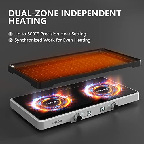 GREECHO Portable Induction Cooktop, 2 Burner Electric Cooktop with Removable Griddle Pan, 5 Gear Heating and Independent Control Electric Cooktop, 1400W Electric Burner with 0-99 Timer, Coconut White