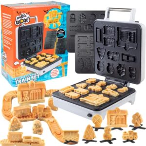 Train Set Waffle Maker - Build Waffle or Pancake Shaped Tracks, Cargo Cars, Signs, Station & More- Fun Family Breakfast for Kids, Electric Nonstick Waffler Iron w/ 4 Removable, Dishwasher Safe Plates