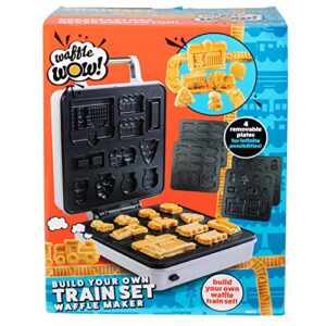 Train Set Waffle Maker - Build Waffle or Pancake Shaped Tracks, Cargo Cars, Signs, Station & More- Fun Family Breakfast for Kids, Electric Nonstick Waffler Iron w/ 4 Removable, Dishwasher Safe Plates