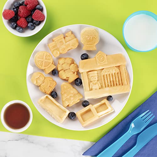 Train Set Waffle Maker - Build Waffle or Pancake Shaped Tracks, Cargo Cars, Signs, Station & More- Fun Family Breakfast for Kids, Electric Nonstick Waffler Iron w/ 4 Removable, Dishwasher Safe Plates