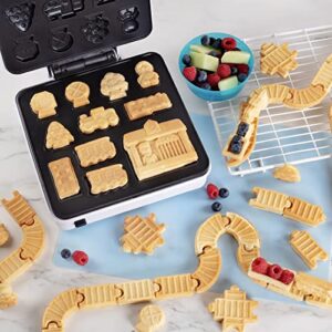 Train Set Waffle Maker - Build Waffle or Pancake Shaped Tracks, Cargo Cars, Signs, Station & More- Fun Family Breakfast for Kids, Electric Nonstick Waffler Iron w/ 4 Removable, Dishwasher Safe Plates