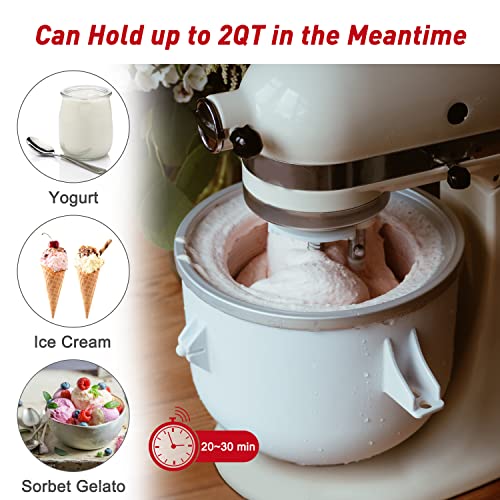 Ice Cream Maker Attachment Compatible with All Kitchenaid 4.5QT Stand Mixer, 2 QT High Capacity Frozen Yogurt, Ice Cream and Sorbet Gelato Maker(Not Compatible with Artisan Mini 3.5Qt Mixer)