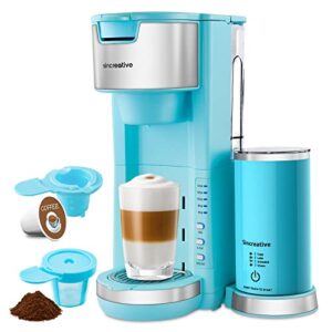 single serve coffee maker with milk frother, 2-in-1 cappuccino coffee machine for k cup pod and ground coffee, single cup brewer compact latte maker with 30 oz removable tank, blue