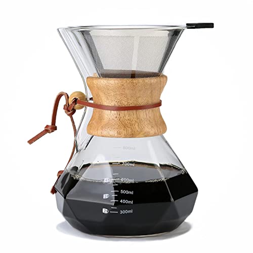 Lalord Pour Over Coffee Maker with Permanent Filter, 27oz Borosilicate Glass Coffee Carafe, Reusable Stainless Steel Filter and Modern Wooden Collar, Coffee Dripper Brewer, Hold 6 Cups