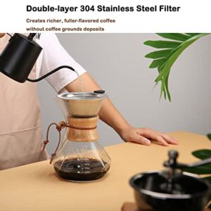 Lalord Pour Over Coffee Maker with Permanent Filter, 27oz Borosilicate Glass Coffee Carafe, Reusable Stainless Steel Filter and Modern Wooden Collar, Coffee Dripper Brewer, Hold 6 Cups