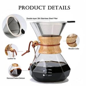 Lalord Pour Over Coffee Maker with Permanent Filter, 27oz Borosilicate Glass Coffee Carafe, Reusable Stainless Steel Filter and Modern Wooden Collar, Coffee Dripper Brewer, Hold 6 Cups