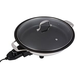 electric skillet by cucina pro – 18/10 stainless steel, frying pan with non stick interior, with glass lid, 12″ round, temperature control probe for adjustable heat settings