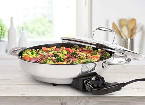 Electric Skillet By Cucina Pro - 18/10 Stainless Steel, Frying Pan with Non Stick Interior, with Glass Lid, 12" Round, Temperature Control Probe for Adjustable Heat Settings