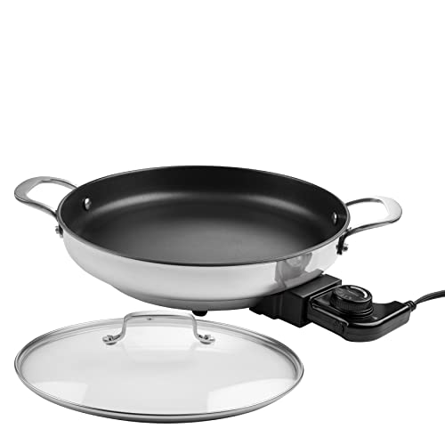 Electric Skillet By Cucina Pro - 18/10 Stainless Steel, Frying Pan with Non Stick Interior, with Glass Lid, 12" Round, Temperature Control Probe for Adjustable Heat Settings