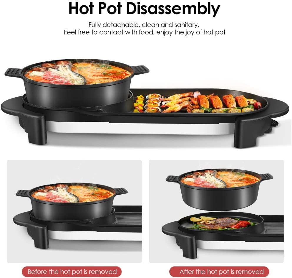 Electric Hot Pot Grill Removable Shabu-shabu Pot Korean BBQ Grill W/ Large Baking Tray Divider Hotpot, Smokeless Non-Stick Cooker Pan, Adjustable Temperature, 1-6 People, 110V