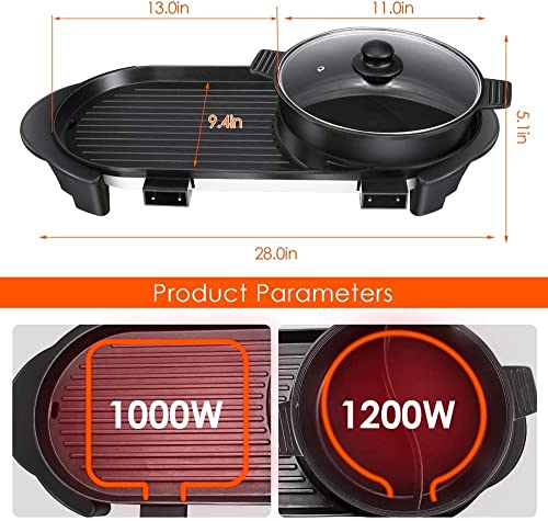 Electric Hot Pot Grill Removable Shabu-shabu Pot Korean BBQ Grill W/ Large Baking Tray Divider Hotpot, Smokeless Non-Stick Cooker Pan, Adjustable Temperature, 1-6 People, 110V