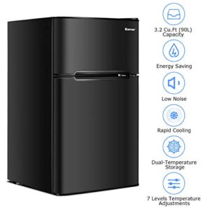 COSTWAY Compact Refrigerator, 3.2 cu ft. Unit 2-Door Mini Freezer Cooler Fridge with Reversible Door, Removable Glass Shelves, Mechanical Control, Recessed Handle for Dorm, Office, Apartment (Black)