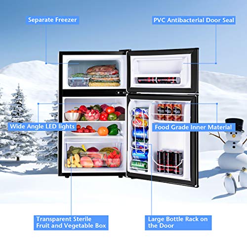 COSTWAY Compact Refrigerator, 3.2 cu ft. Unit 2-Door Mini Freezer Cooler Fridge with Reversible Door, Removable Glass Shelves, Mechanical Control, Recessed Handle for Dorm, Office, Apartment (Black)