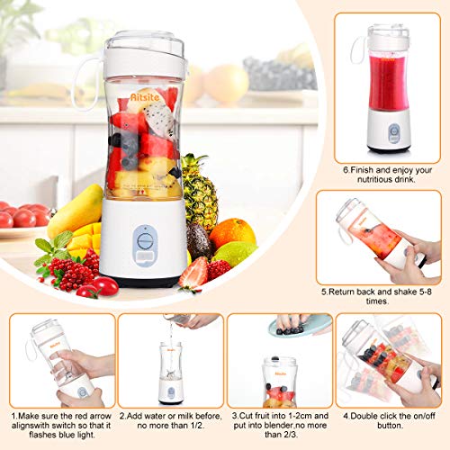 Aitsite Portable Blender, USB Rechargeable Personal Size Juicer Cup with 2 Straws, blend jet blenders portable with 6 3D Blades Fruit Mixer for Home,Travel, Office, Outdoors -White.