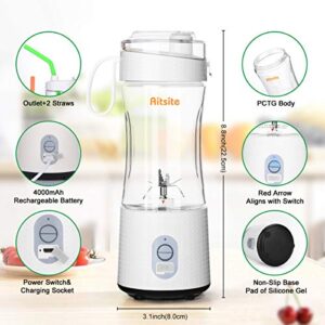 Aitsite Portable Blender, USB Rechargeable Personal Size Juicer Cup with 2 Straws, blend jet blenders portable with 6 3D Blades Fruit Mixer for Home,Travel, Office, Outdoors -White.