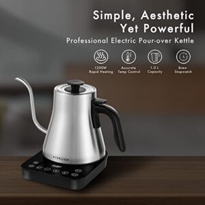 KYERLISH Electric Gooseneck Kettle 1.0L Temperature Control, Pour Over Kettle with 6 Variable Presets & Built-in Timer, 100% Stainless Steel Gooseneck Coffee Kettle & Tea Kettle, 1200W Quick Heating