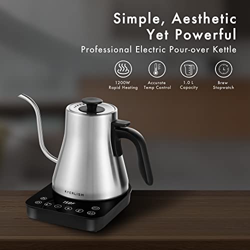 KYERLISH Electric Gooseneck Kettle 1.0L Temperature Control, Pour Over Kettle with 6 Variable Presets & Built-in Timer, 100% Stainless Steel Gooseneck Coffee Kettle & Tea Kettle, 1200W Quick Heating