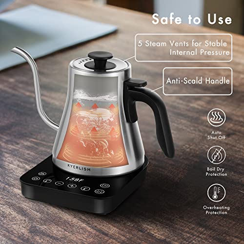 KYERLISH Electric Gooseneck Kettle 1.0L Temperature Control, Pour Over Kettle with 6 Variable Presets & Built-in Timer, 100% Stainless Steel Gooseneck Coffee Kettle & Tea Kettle, 1200W Quick Heating