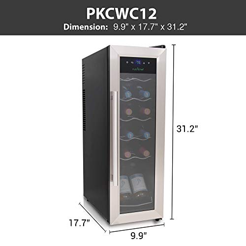 NutriChef PKCWC12 12 Bottle Cooler Refrigerator White and Red Countertop Chiller, Freestanding Compact Mini Wine Fridge with Digital Control, Stainless Steel