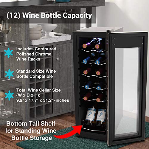 NutriChef PKCWC12 12 Bottle Cooler Refrigerator White and Red Countertop Chiller, Freestanding Compact Mini Wine Fridge with Digital Control, Stainless Steel