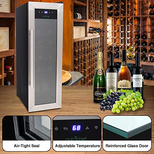 NutriChef PKCWC12 12 Bottle Cooler Refrigerator White and Red Countertop Chiller, Freestanding Compact Mini Wine Fridge with Digital Control, Stainless Steel