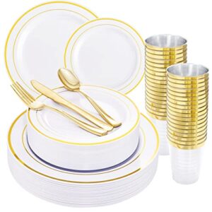 wellife 96 pcs gold plastic plates, disposable gold silverware and cups, gold dinnerware set perfect, includes: 16 dinner plates 10.25″, 16 dessert plates 7.5″, 16 cutlery