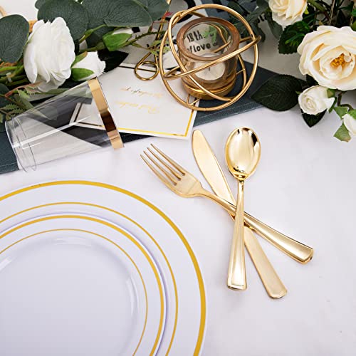 WELLIFE 96 Pcs Gold Plastic Plates, Disposable Gold Silverware and Cups, Gold Dinnerware Set Perfect, Includes: 16 Dinner Plates 10.25", 16 Dessert Plates 7.5", 16 Cutlery