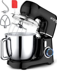mini angel electric stand mixer, 5.5 quarts, dough hook, flat beater, wire whisk attachments, 10+p speeds with splash guard, black with diy stickers