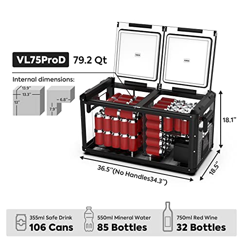 ICECO VL75 ProD Portable Refrigerator, Multi-directional Lid, Dual USB & DC 12/24V, AC 110-240V, 75L Dual Zone Steel Compact Refrigerator Powered by SECOP, 0℉ to 50℉, Home & Car Use [Upgrade, 79 Quarts]