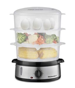 elite gourmet maxi-matic electric food vegetable steamer with bpa-free 3 tier stackable, nested basket trays, auto shut-off 60-min timer, 800w, 9.5 quart, stainless steel, (est4401#)