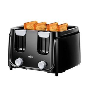 willz 4-slice toaster, extra wide slot with 6 browning levels, compact toaster for bread, removable crumb tray, auto shut-off & easy clean, black