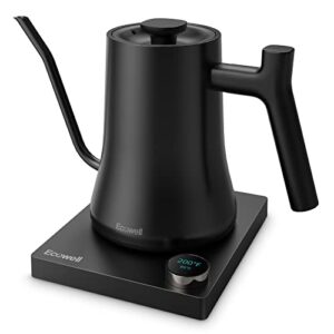 ecowell electric gooseneck kettle, ultra fast boiling kettle 100% stainless steel for pour-over coffee & tea, leak-proof design, auto shutoff anti-dry protection, 1200w-0.8l, matte black, wmts01