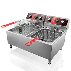 eggkitpo deep fryers stainless steel commercial deep fryer with timer dual tank electric deep fryer with 2 baskets large capacity 10l x 2 electric countertop fryer for restaurant and home, 120v 3600w