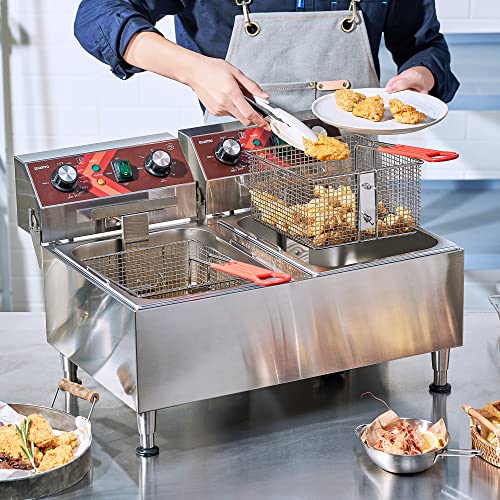 EGGKITPO Deep Fryers Stainless Steel Commercial Deep fryer with Timer Dual Tank Electric Deep Fryer with 2 Baskets Large Capacity 10L X 2 Electric Countertop Fryer for Restaurant and Home, 120V 3600W