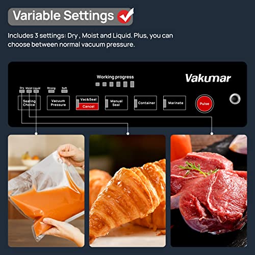 Vakumar Vacuum Sealer Machine, 90Kpa Food Vacuum Sealer Machine Preservation Dry/Moist/Liquid Modes, LED Indicator Light, Handle Locked Design, Built-in Cutter and Bag Storage, Starter Kit