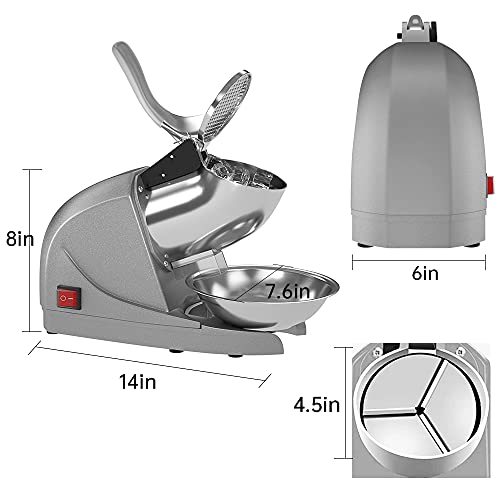 OKF Ice Shaver Prevent Splash Electric Three Blades Snow Cone Maker Stainless Steel Shaved Ice Machine 220lbs/hr Home and Commercial Ice Crushers (Silver)